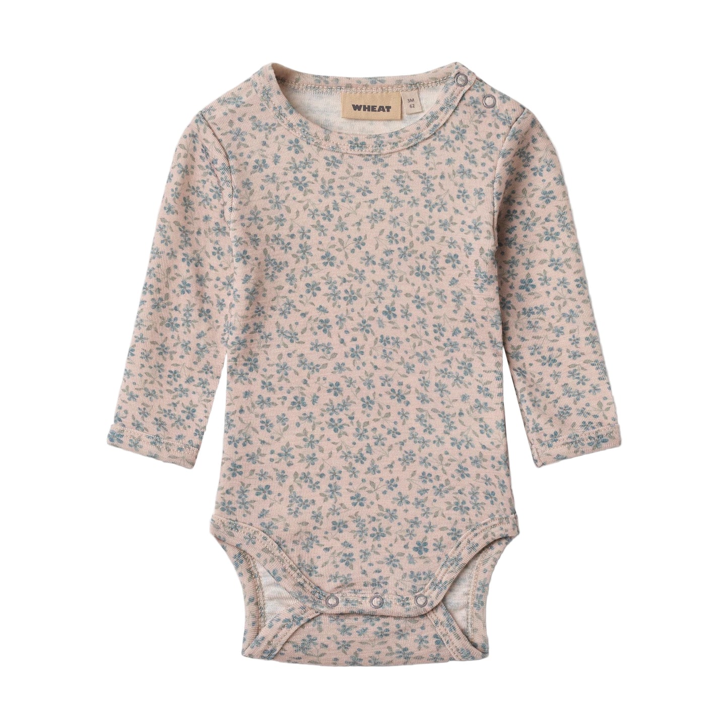 Wheat merino wool onesie blue flowers