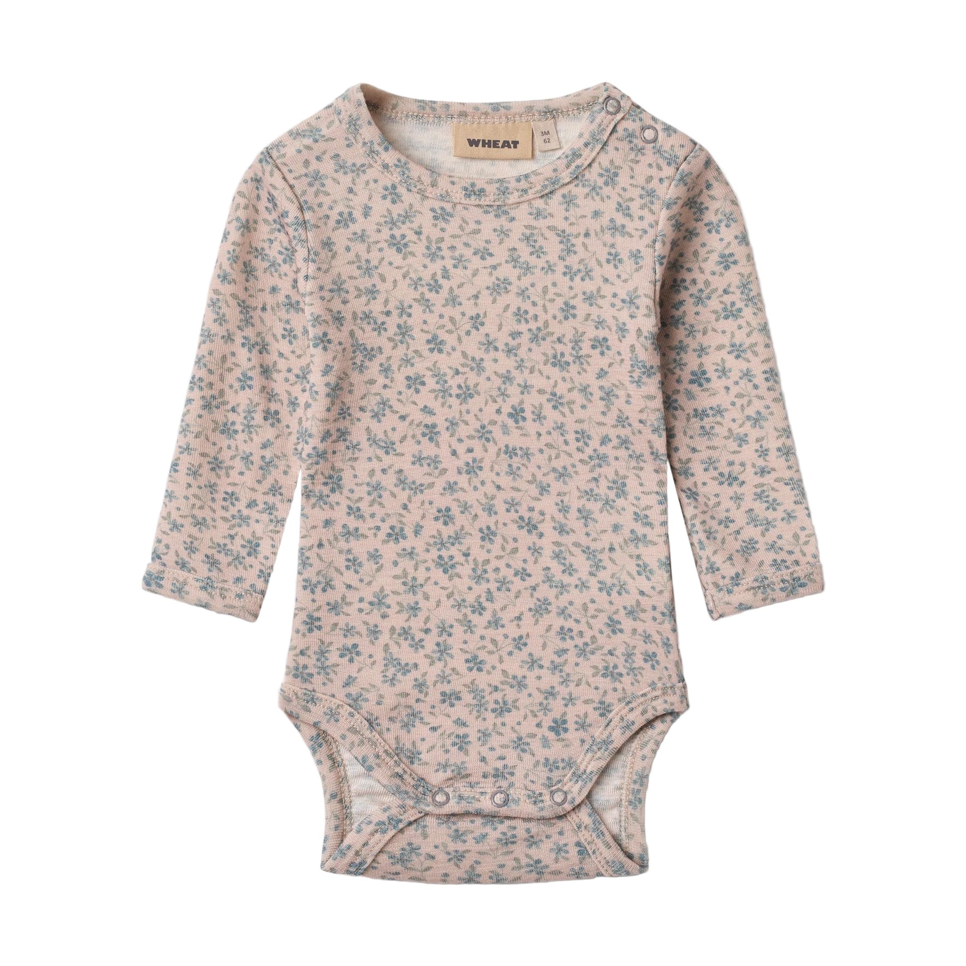 Wheat merino wool onesie blue flowers