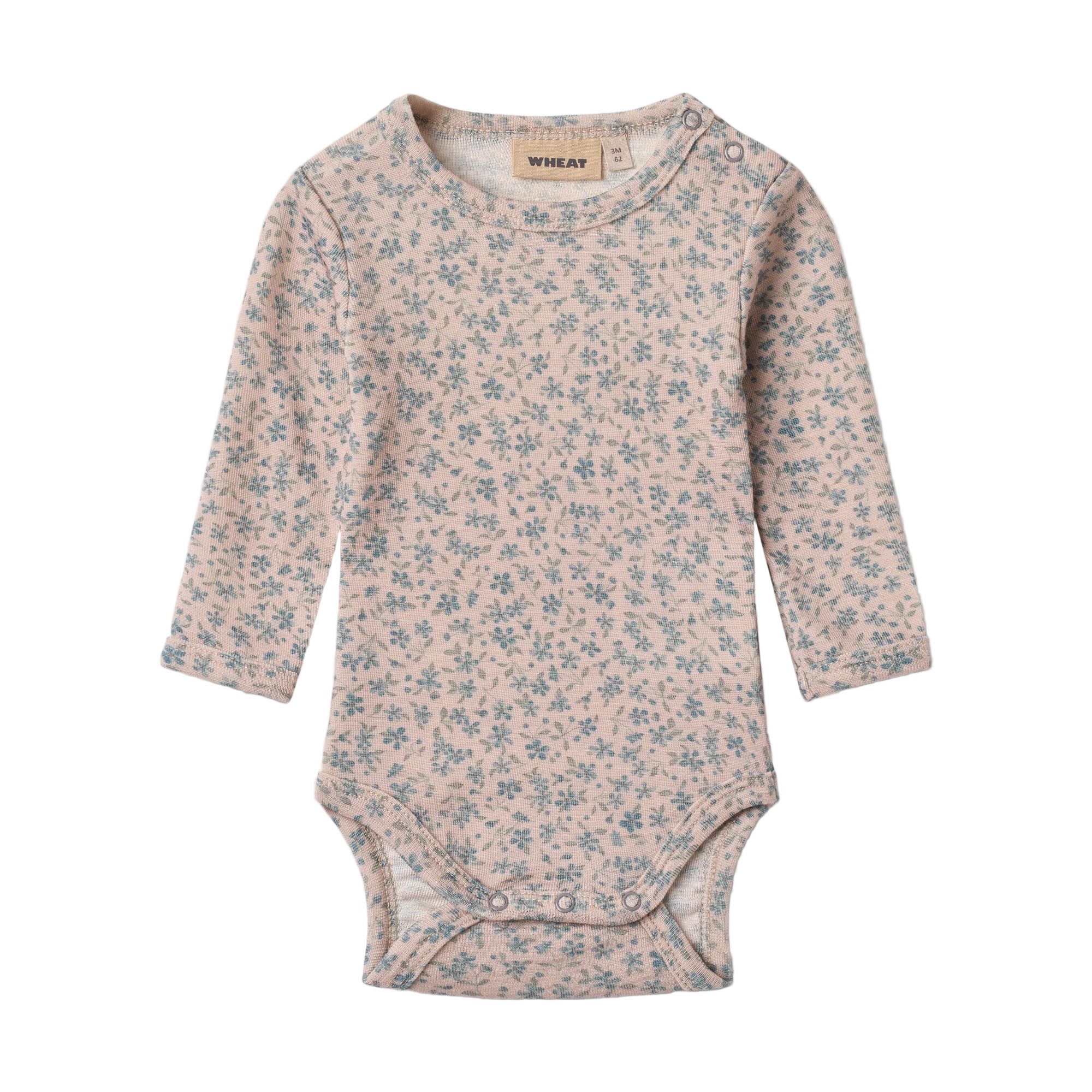 Wheat merino wool onesie blue flowers - Little-ish