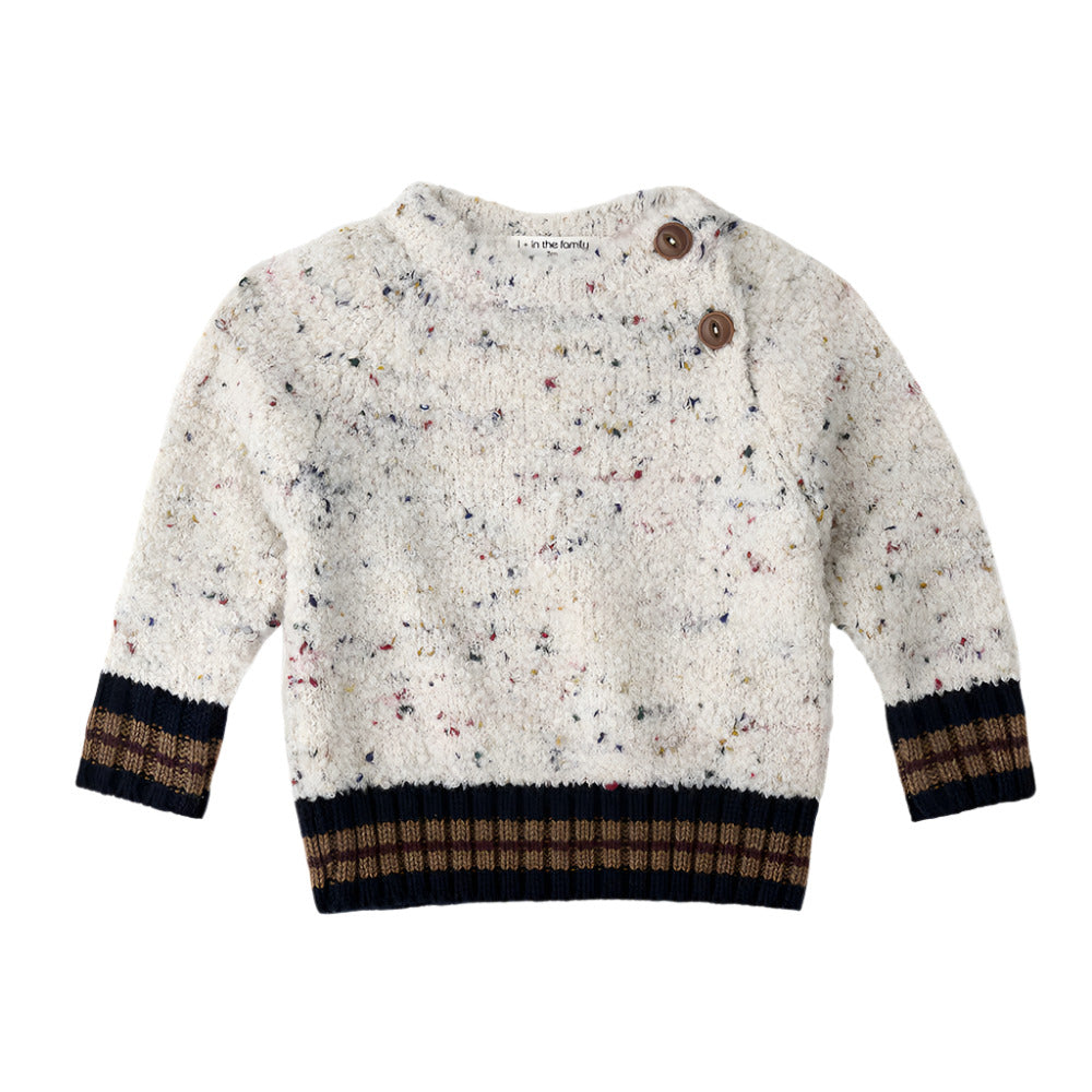 Children's sweater with speckled pattern and brown buttons on a white background - Little-ish