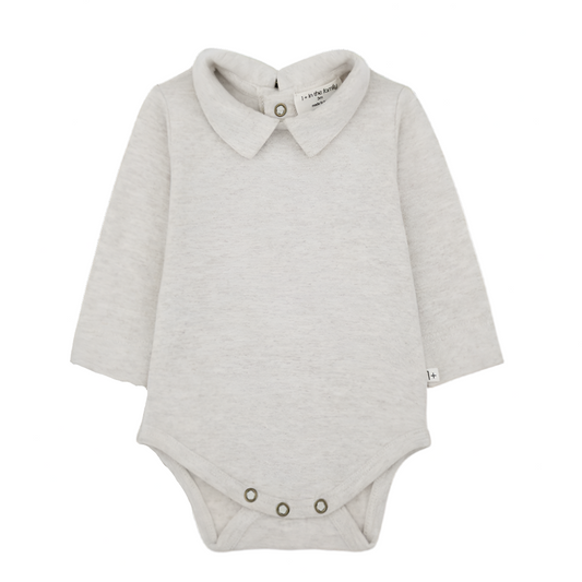Gray baby bodysuit with collar on a white background