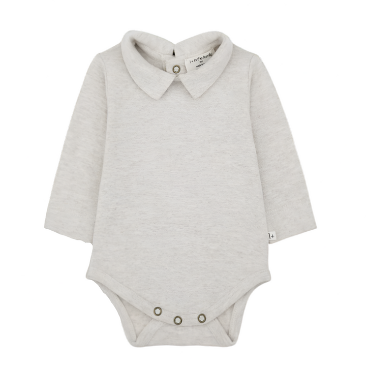 Gray baby bodysuit with collar on a white background