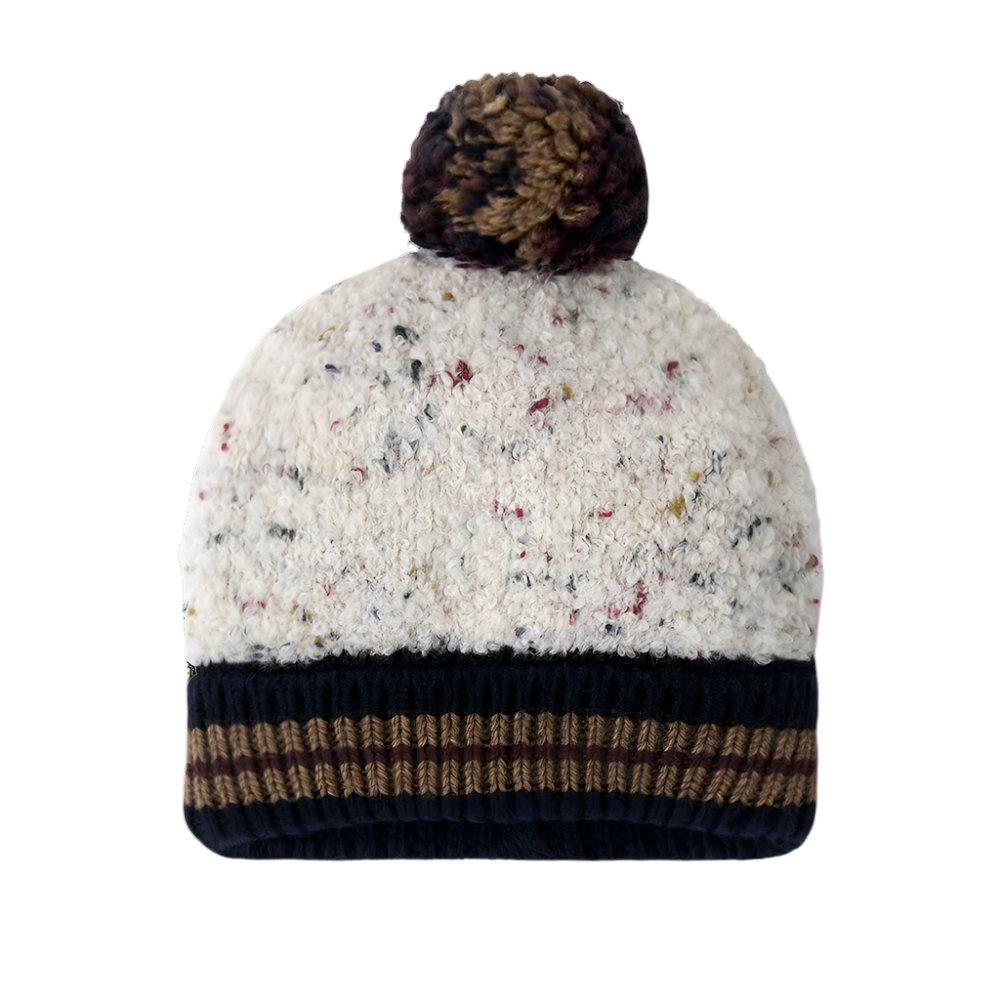 Knitted beanie with a textured pattern and pom-pom on a white background - Little-ish