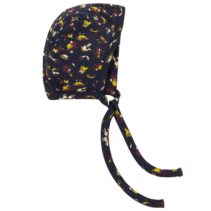 Navy blue baby bonnet with colorful animal pattern on a white background