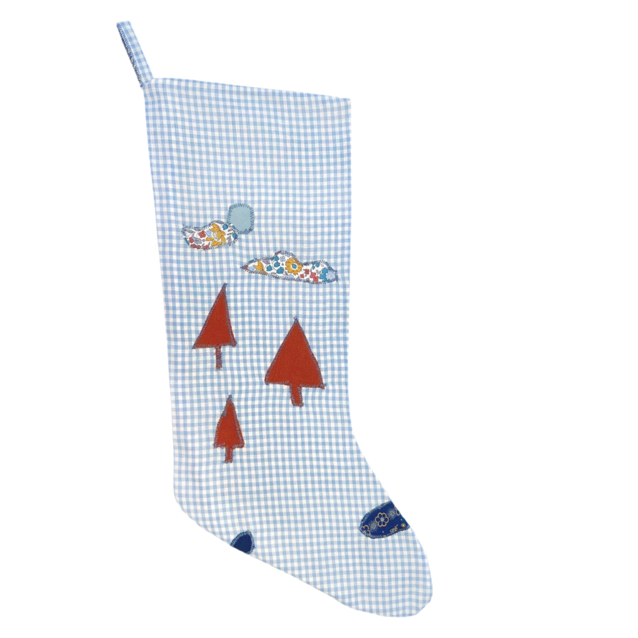 HEIRLOOM CHRISTMAS STOCKING - BLUE GINGHAM FOREST - Little-ish