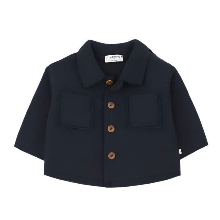 Navy blue jacket with brown buttons on a white background