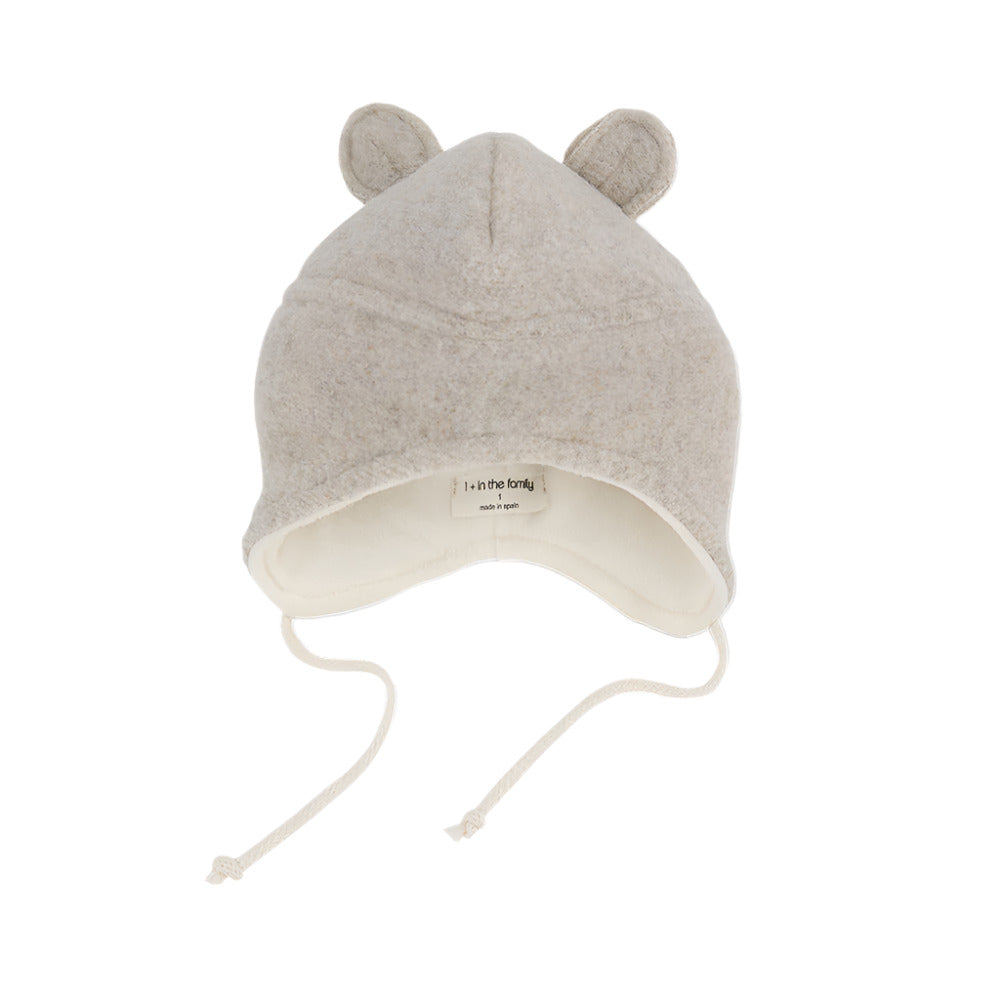 Beige baby hat with ear designs on a white background - Little-ish