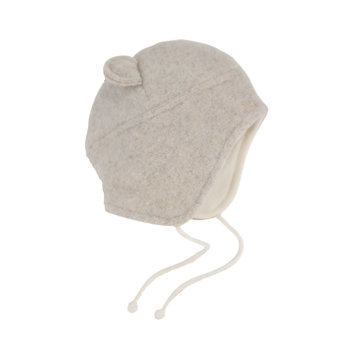 Beige wool baby bonnet with a drawstring on a white background