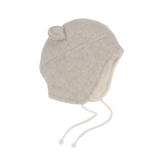 Beige wool baby bonnet with a drawstring on a white background