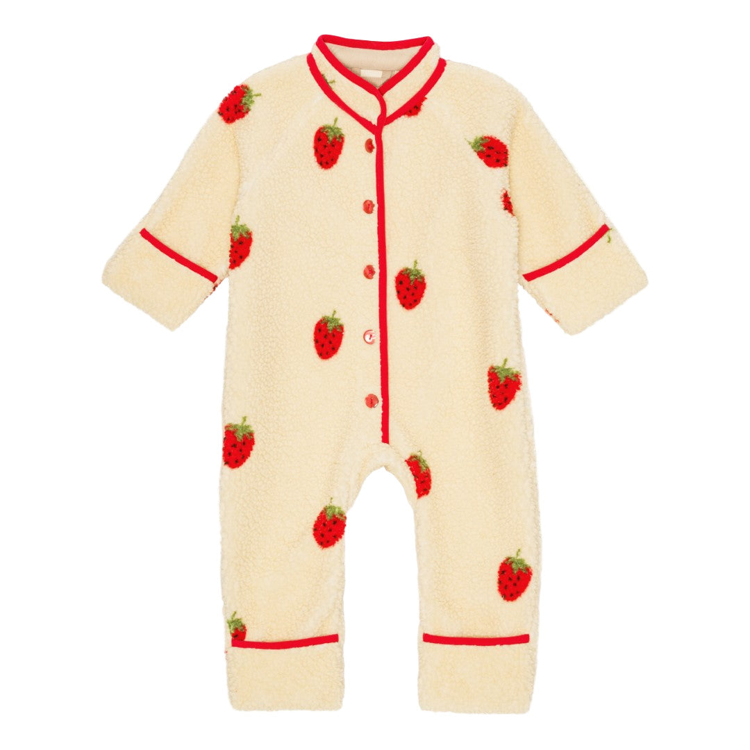 Baby onesie with strawberry pattern on a white background - Little-ish
