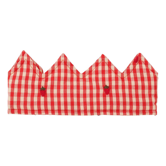Red and white checkered bikini top with strawberry details on a white background