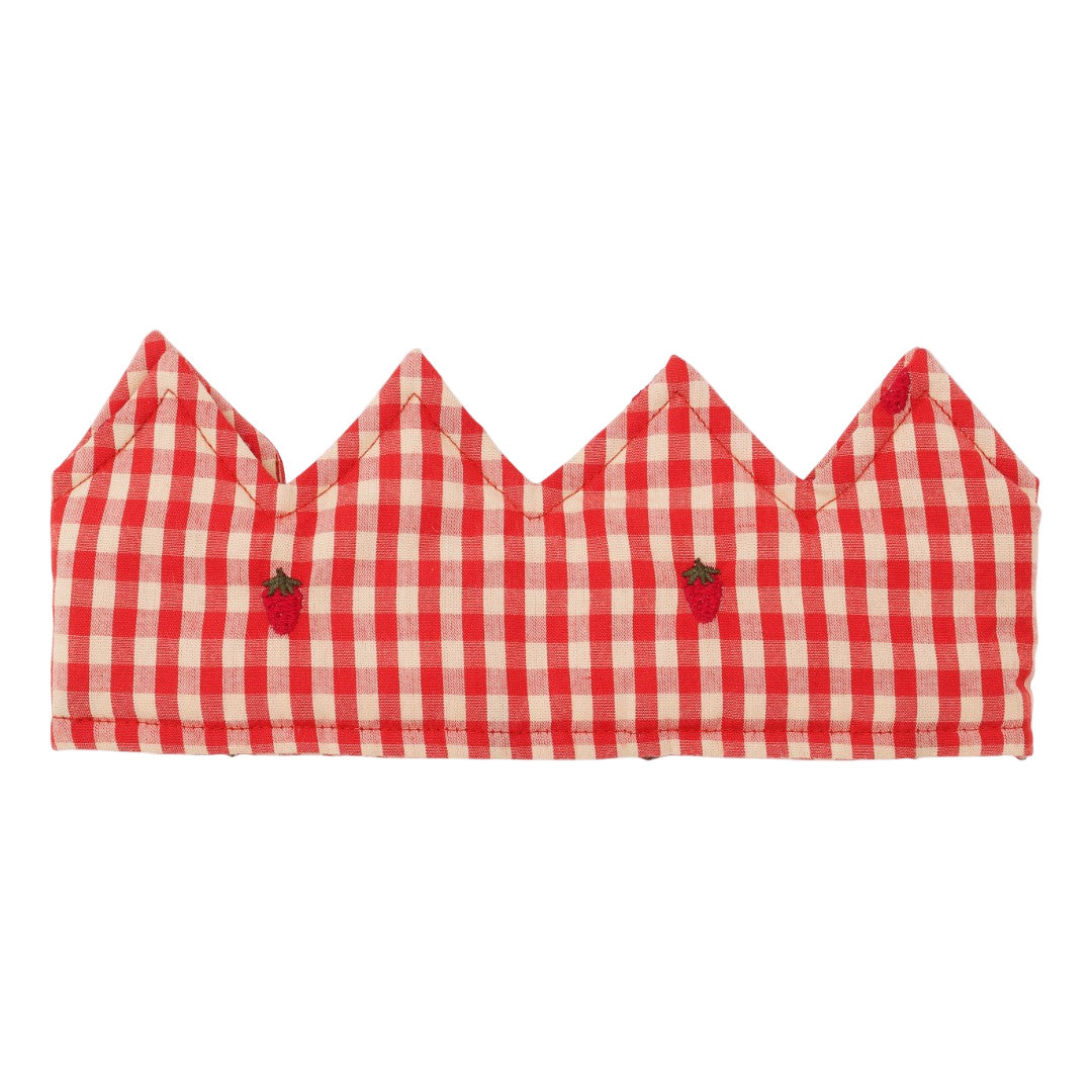Red and white checkered bikini top with strawberry details on a white background - Little-ish