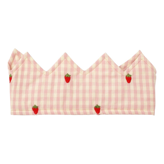 Pink gingham headband with strawberry patterns on a white background