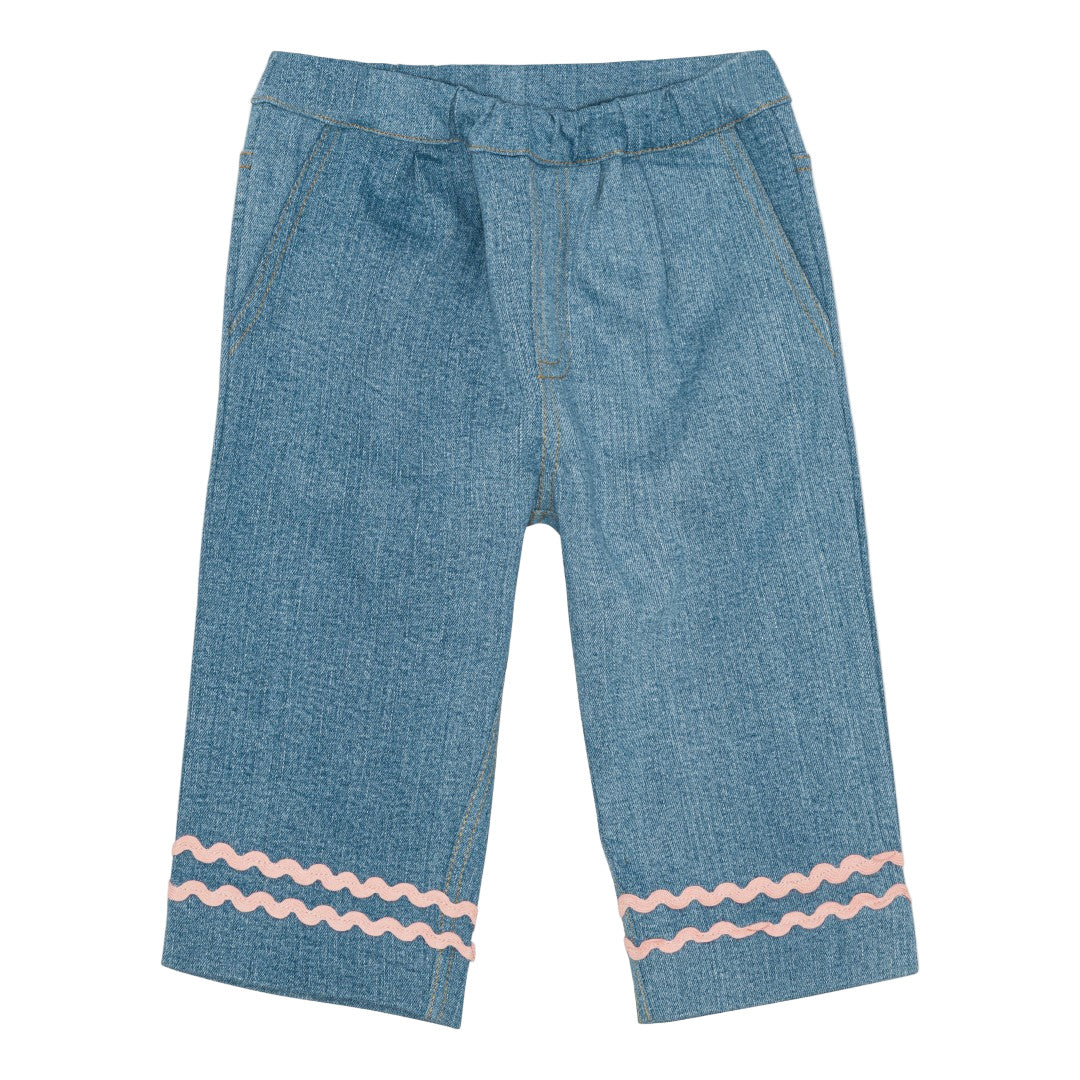 Blue pants with pink wavy bands on a white background - Little-ish