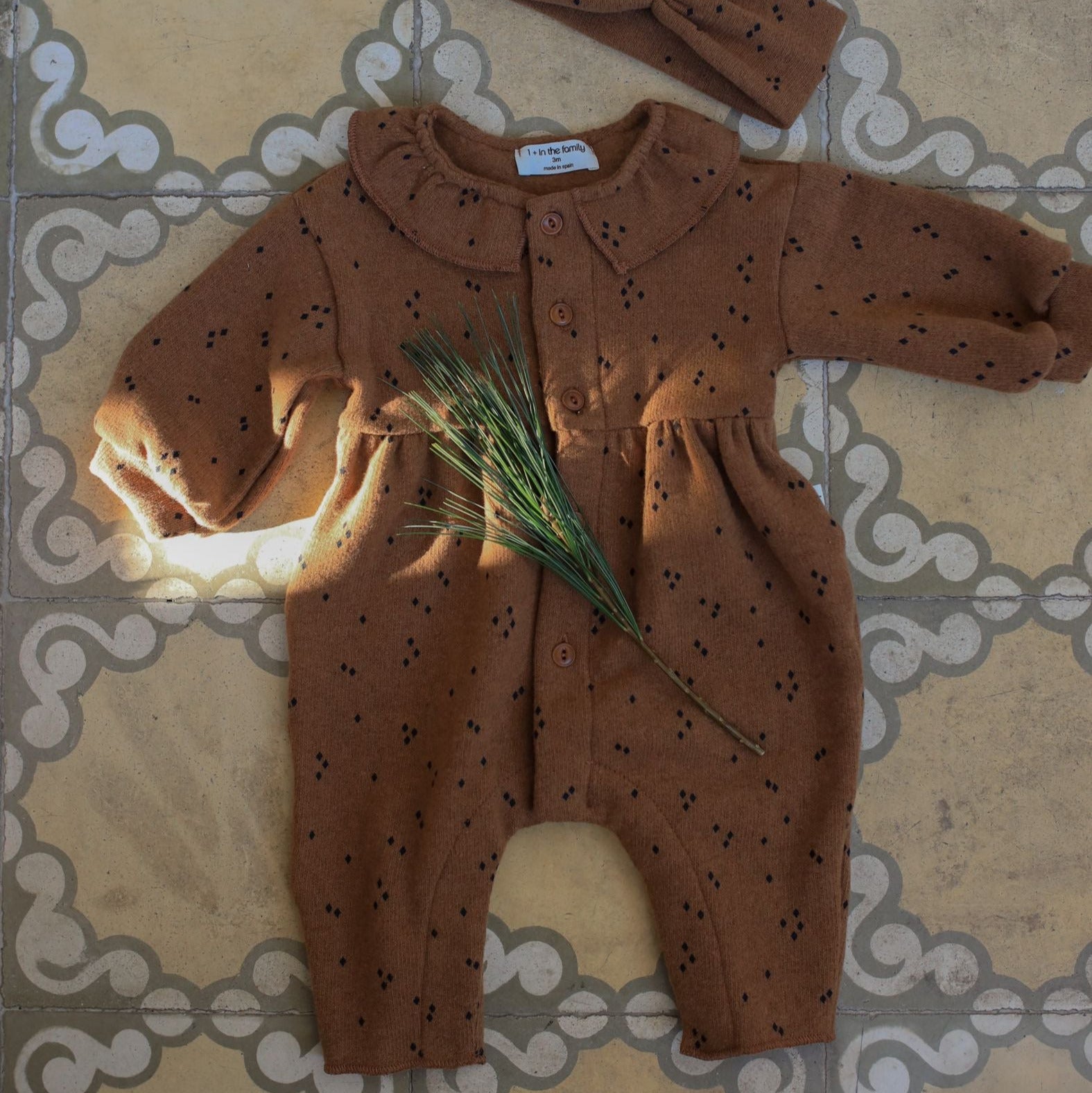 Brown baby outfit with matching hat on a tiled floor - Little-ish