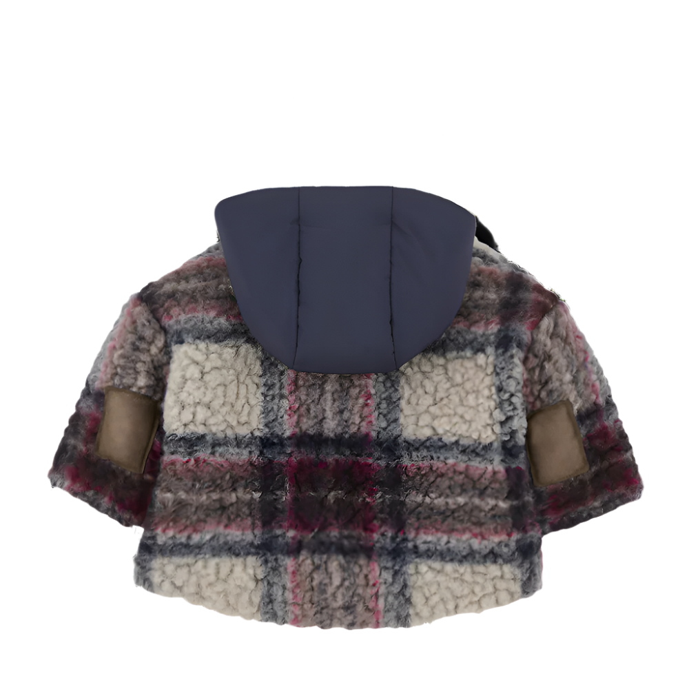 Plaid-patterned jacket with a navy hood on a white background