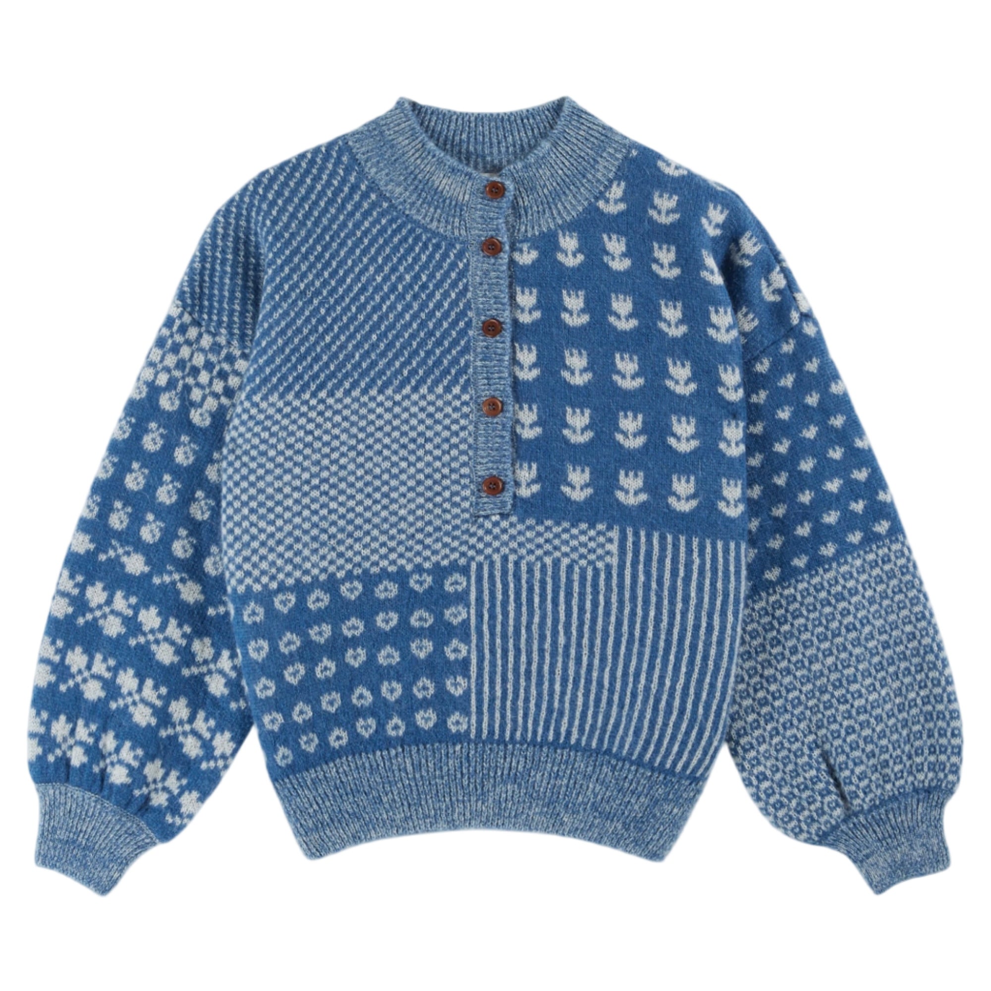 Blue knitted sweater with floral patterns on a white background - Little-ish