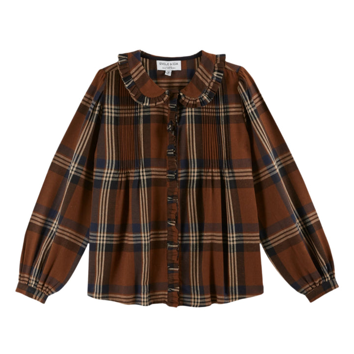 Brown plaid shirt with a collar on a white background