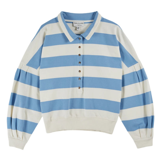 Blue and white striped sweater on a white background