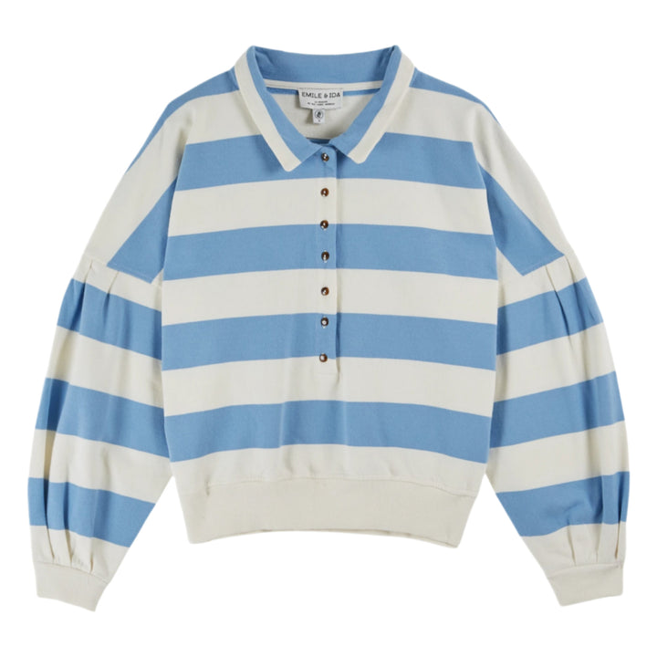 Blue and white striped sweater on a white background