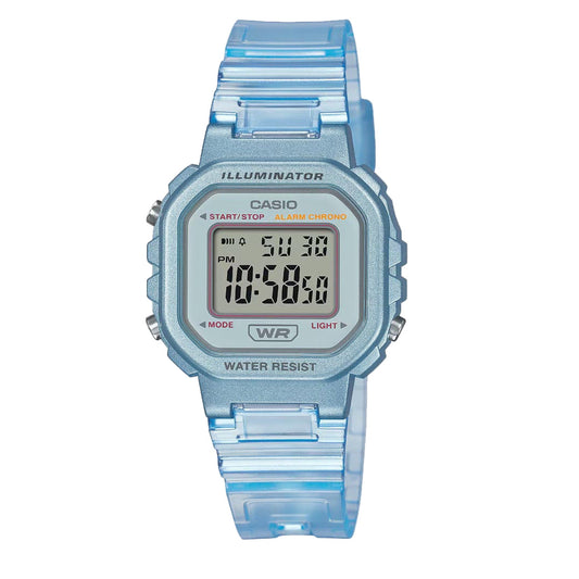 Blue digital watch with clear strap on a white background