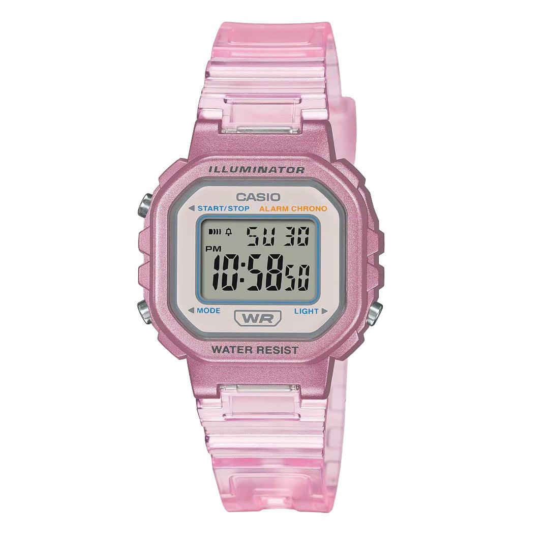 Pink Casio digital watch on a white background