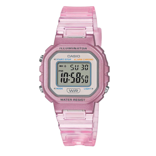 Pink Casio digital watch on a white background