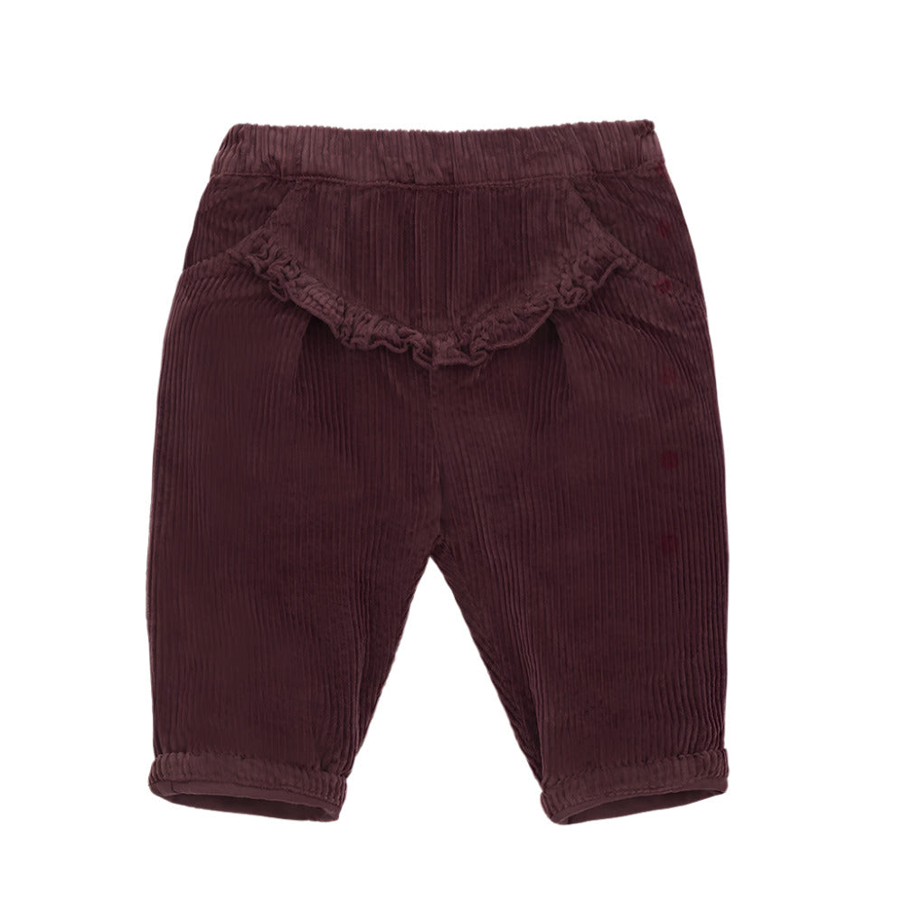 Maroon corduroy baby pants with ruffled trim on a white background - Little-ish