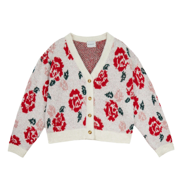 Cardigan with red floral pattern on a white background