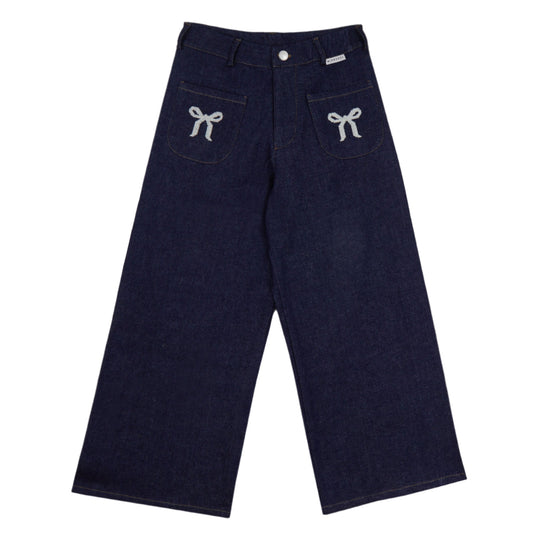 Navy blue pants with bow details on a white background