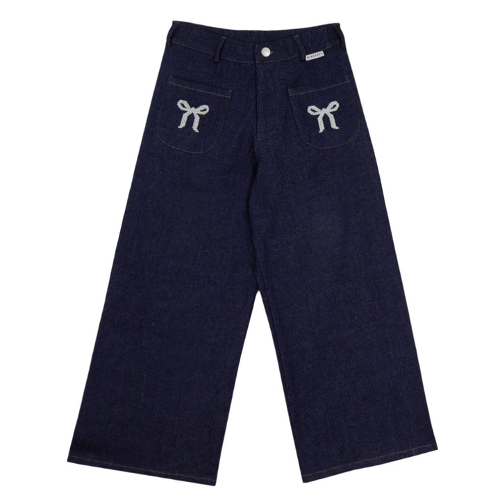 Navy blue pants with bow details on a white background