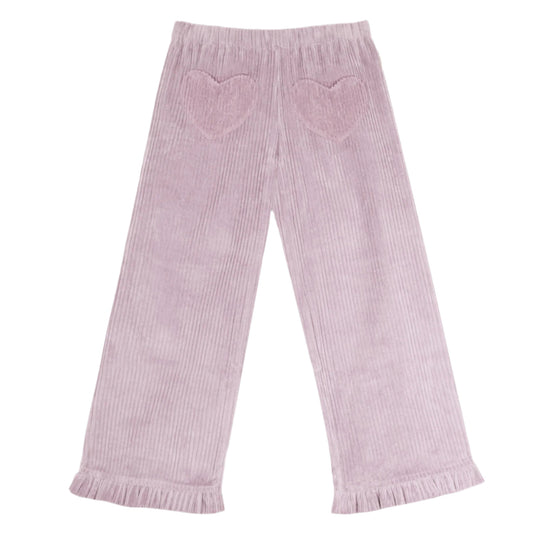 Pink corduroy pants with heart pockets on a white background