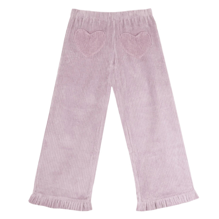 Pink corduroy pants with heart pockets on a white background