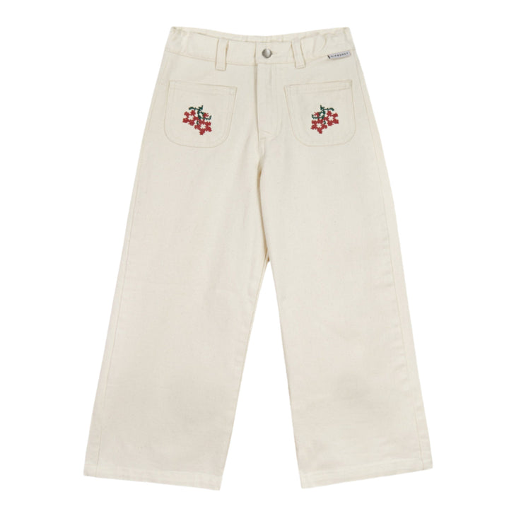 Beige pants with cherry embroidery on a white background