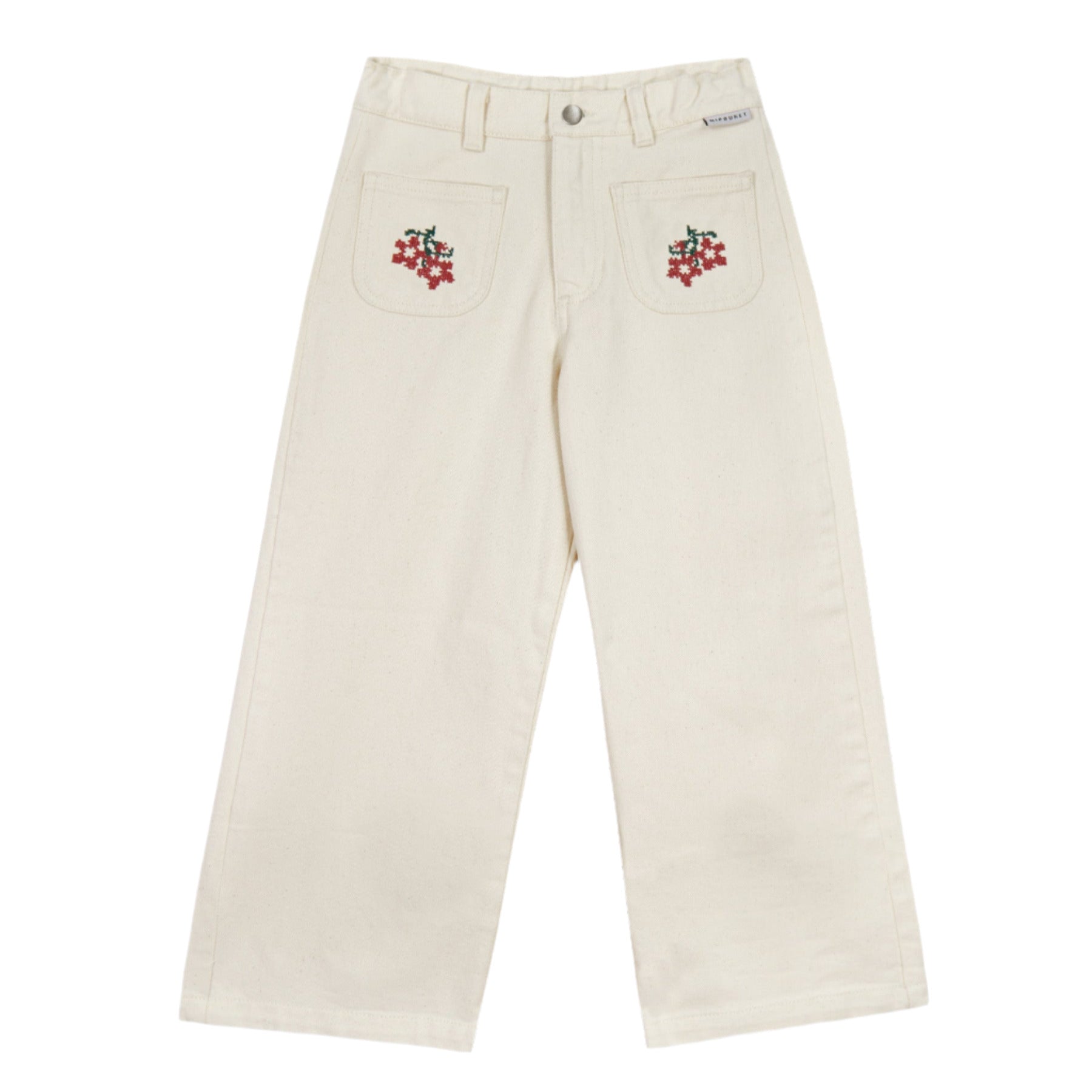 Beige pants with cherry embroidery on a white background - Little-ish