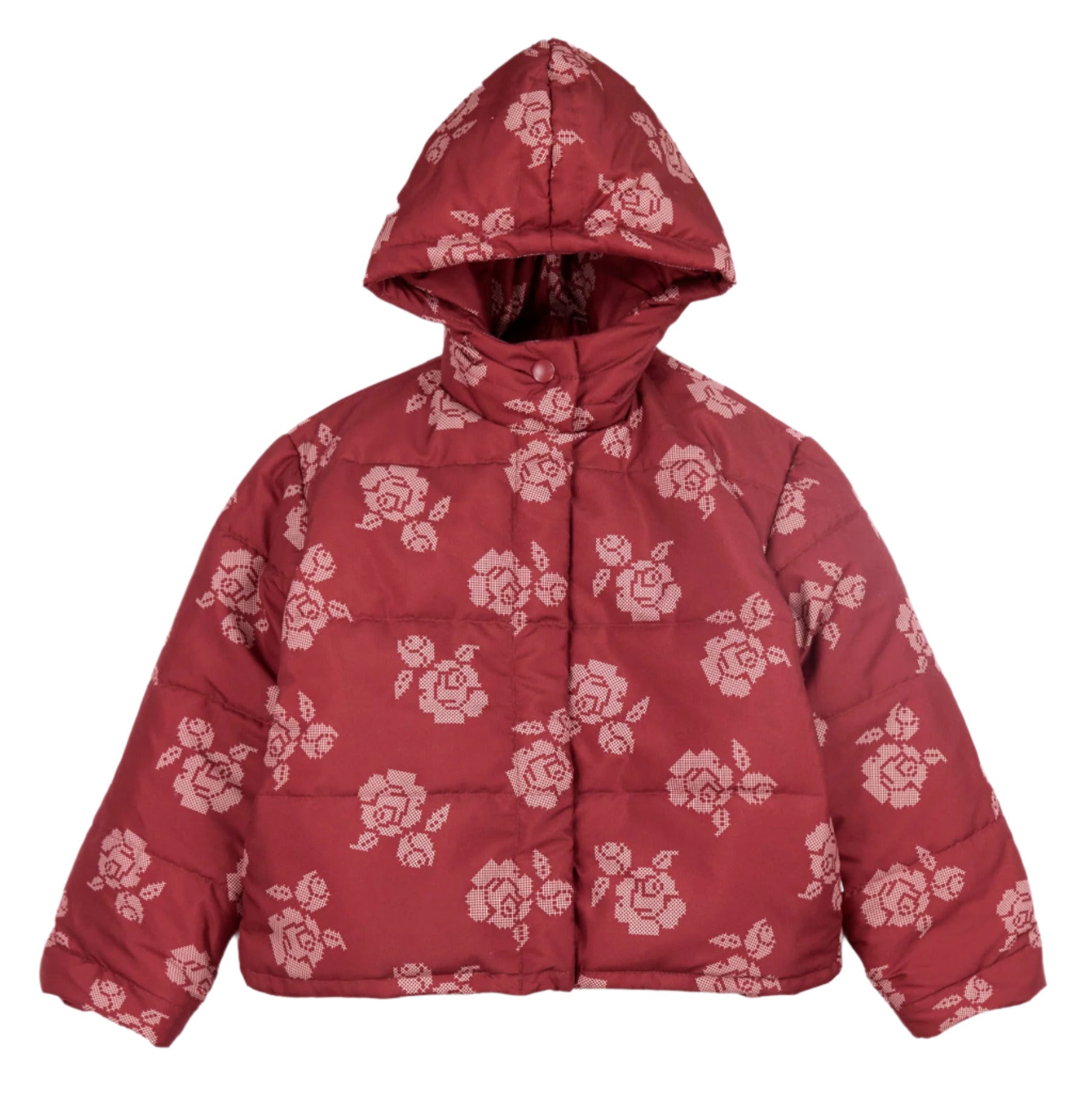 red puffer jacket with off white cross-stitch flower print - Little-ish