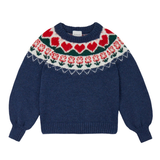 Blue knitted sweater with red heart pattern on a white background