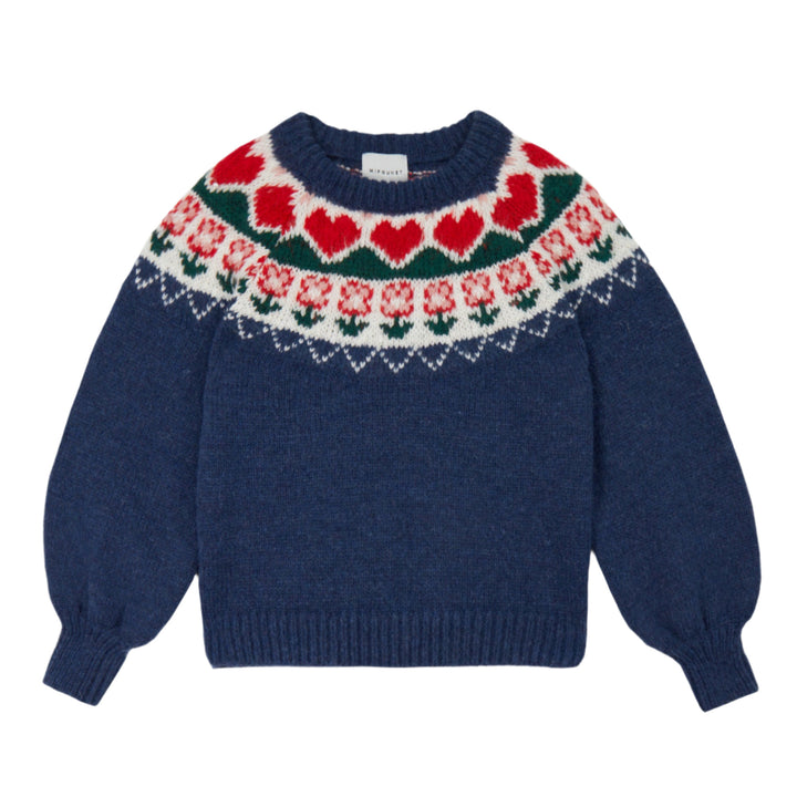 Blue knitted sweater with red heart pattern on a white background