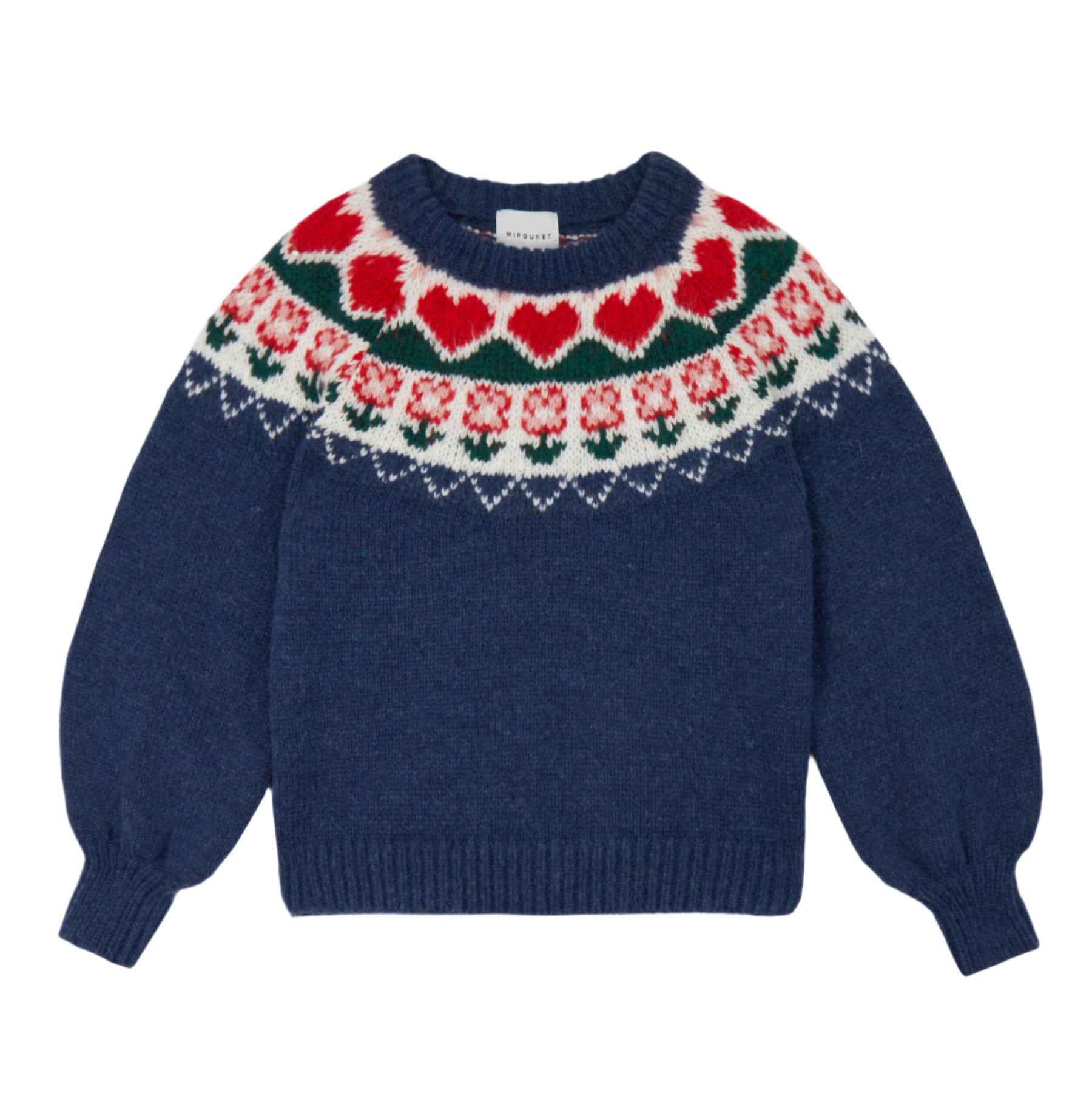 Blue knitted sweater with red heart pattern on a white background - Little-ish