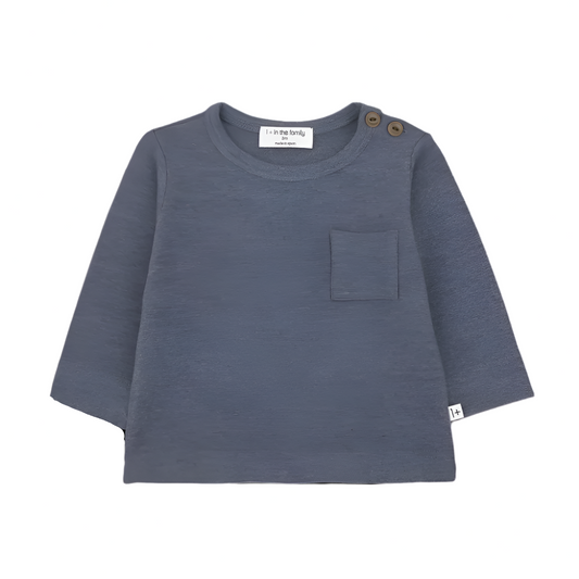 Blue long-sleeve shirt with a pocket on a white background