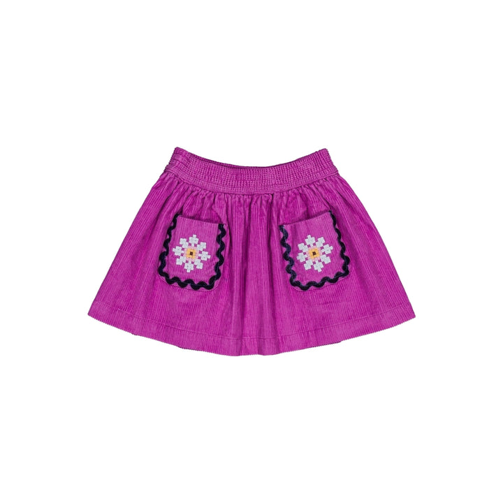 Purple skirt with floral pockets on a white background