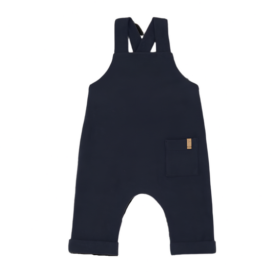Black overalls with a brand logo on a white background