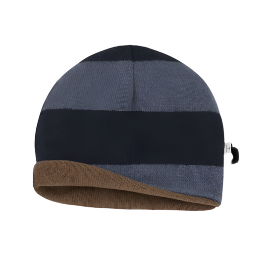Revesible beanie with blue, navy stripe, and brown solid