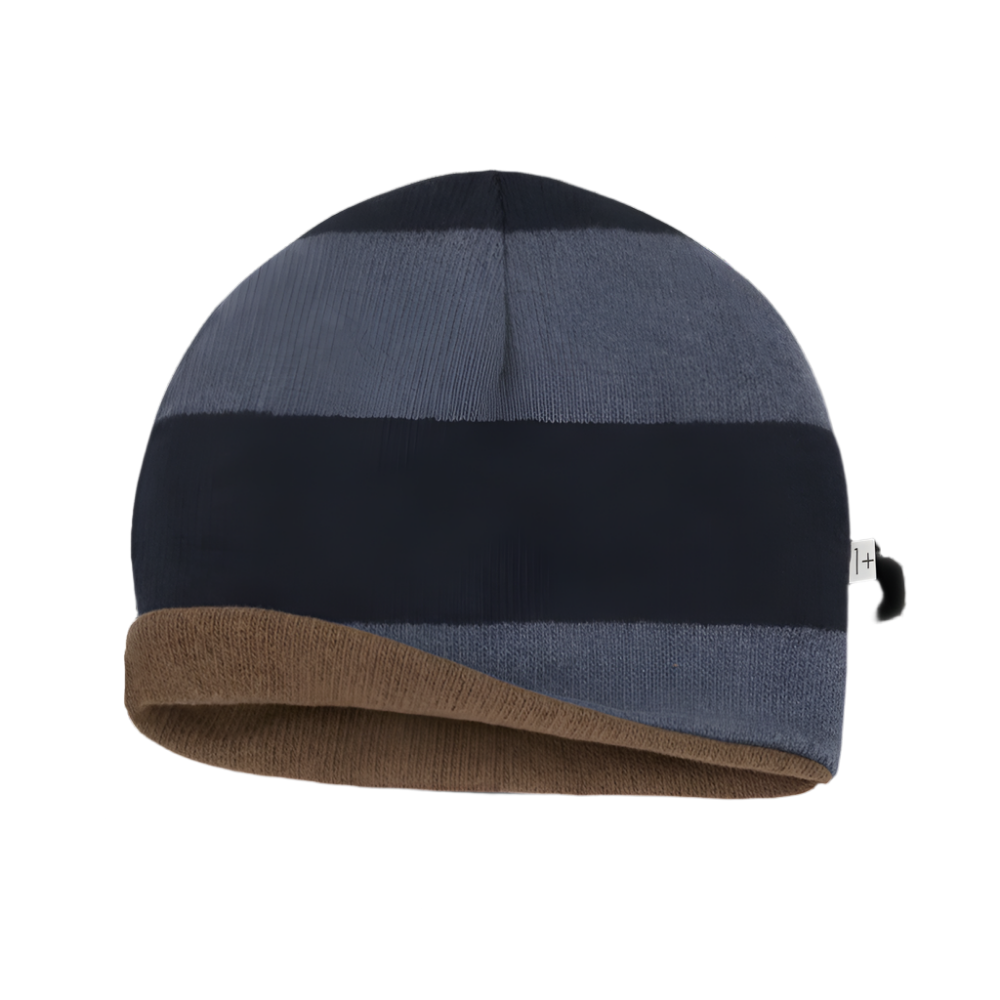 Revesible beanie with blue, navy stripe, and brown solid - Little-ish