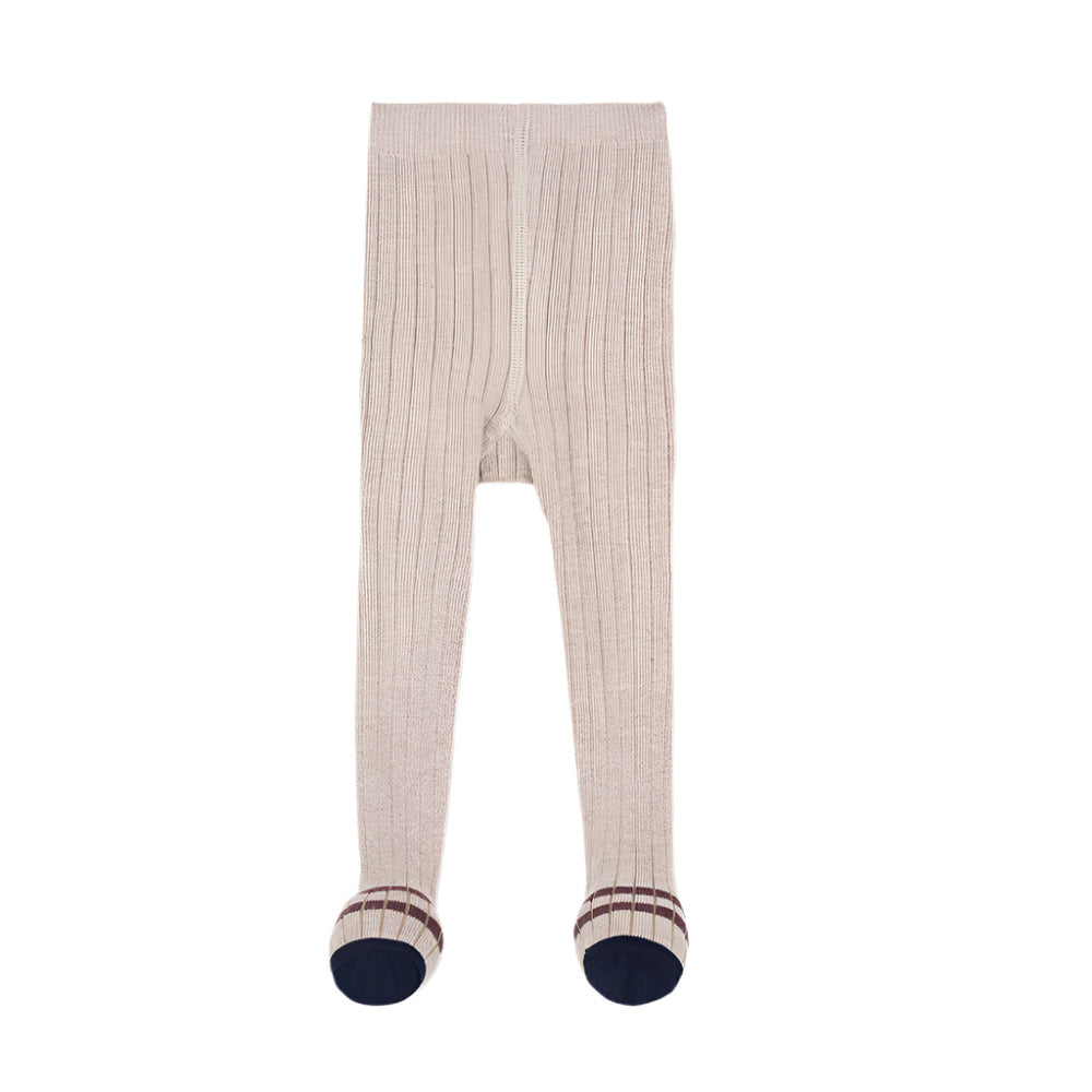 Beige ribbed tights with navy cuffs on a white background - Little-ish