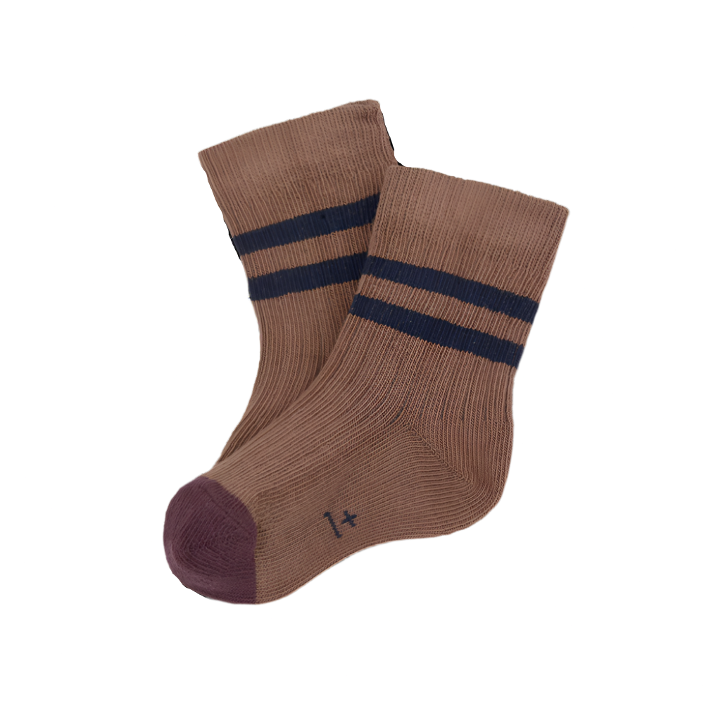 Pair of brown socks with navy stripes on a white background - Little-ish