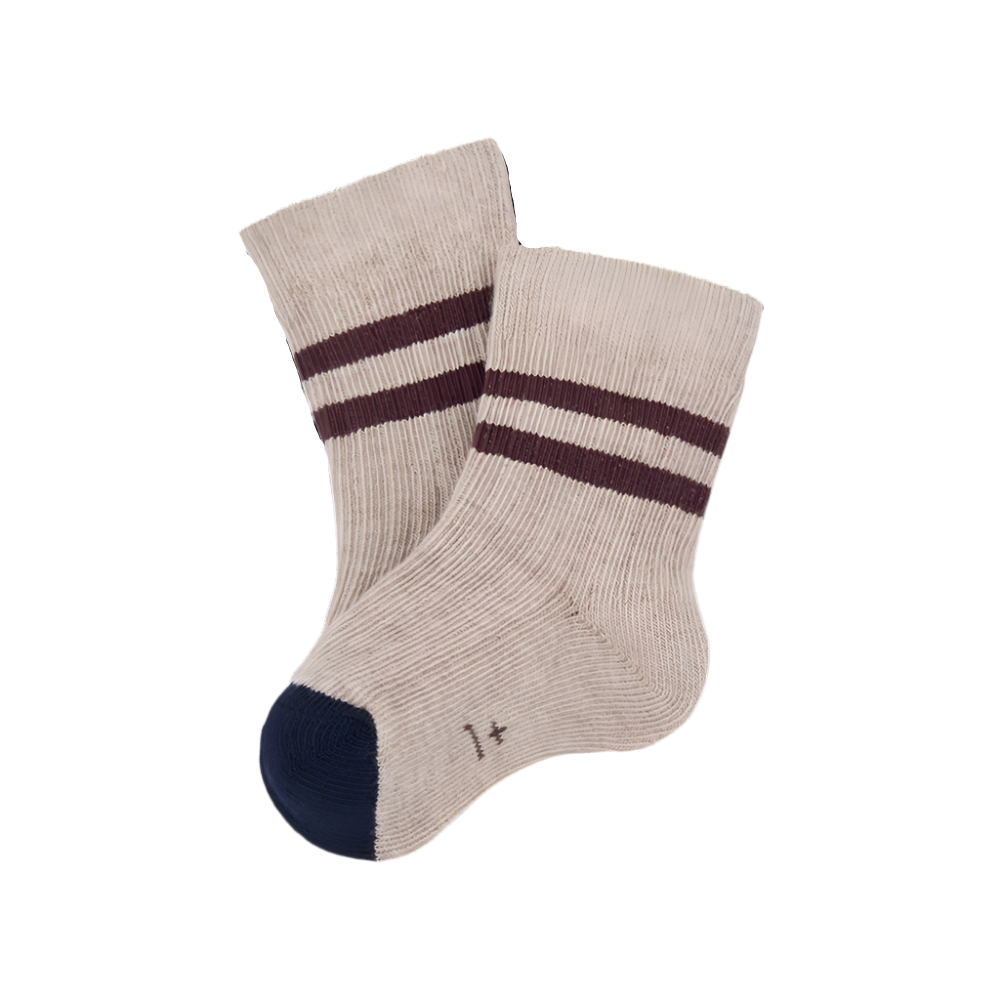 Pair of beige socks with brown stripes on a white background - Little-ish