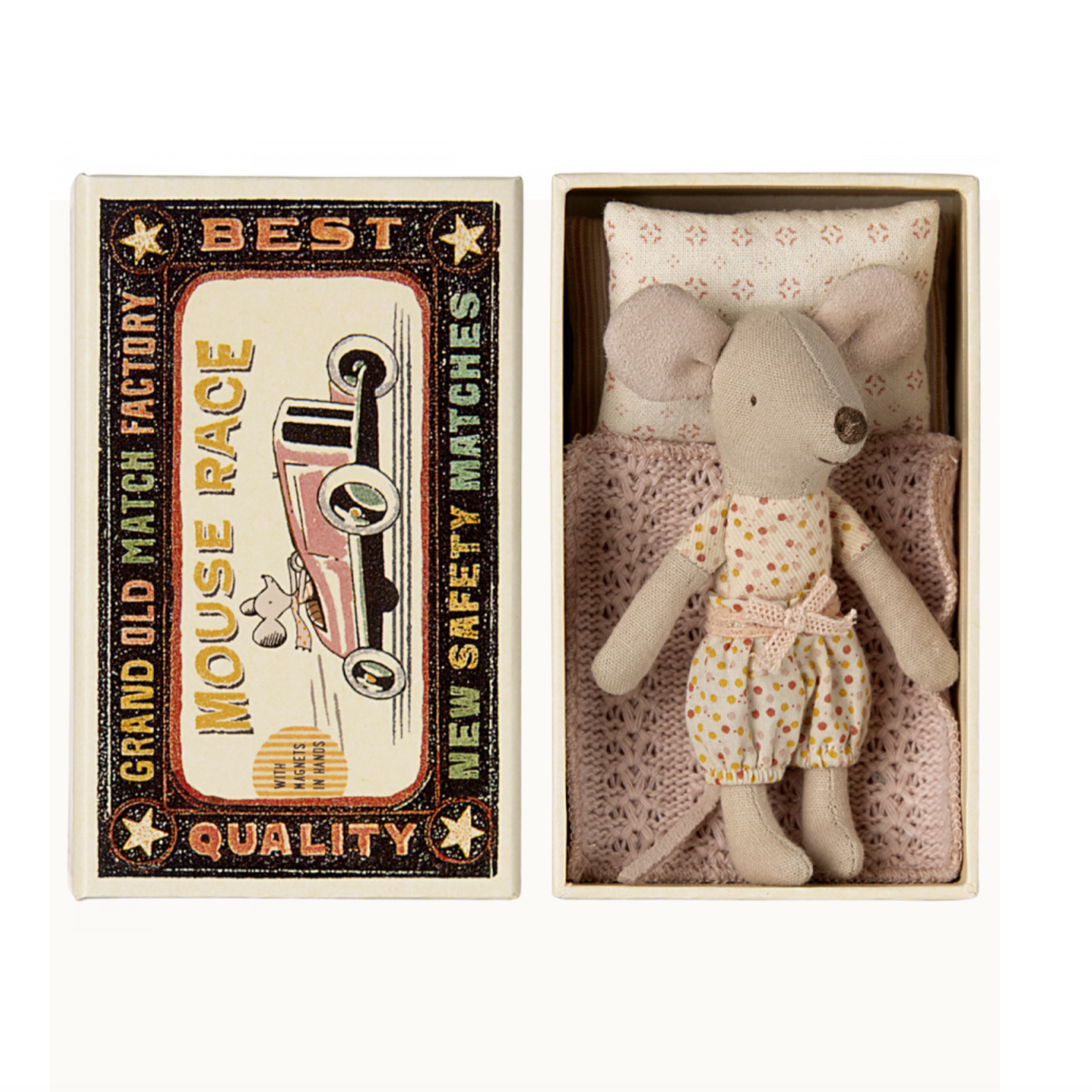 MAILEG LITTLE SISTER MOUSE IN MATCHBOX -POLKA DOT BLOOMERS + MAGNETS IN HANDS - Little-ish