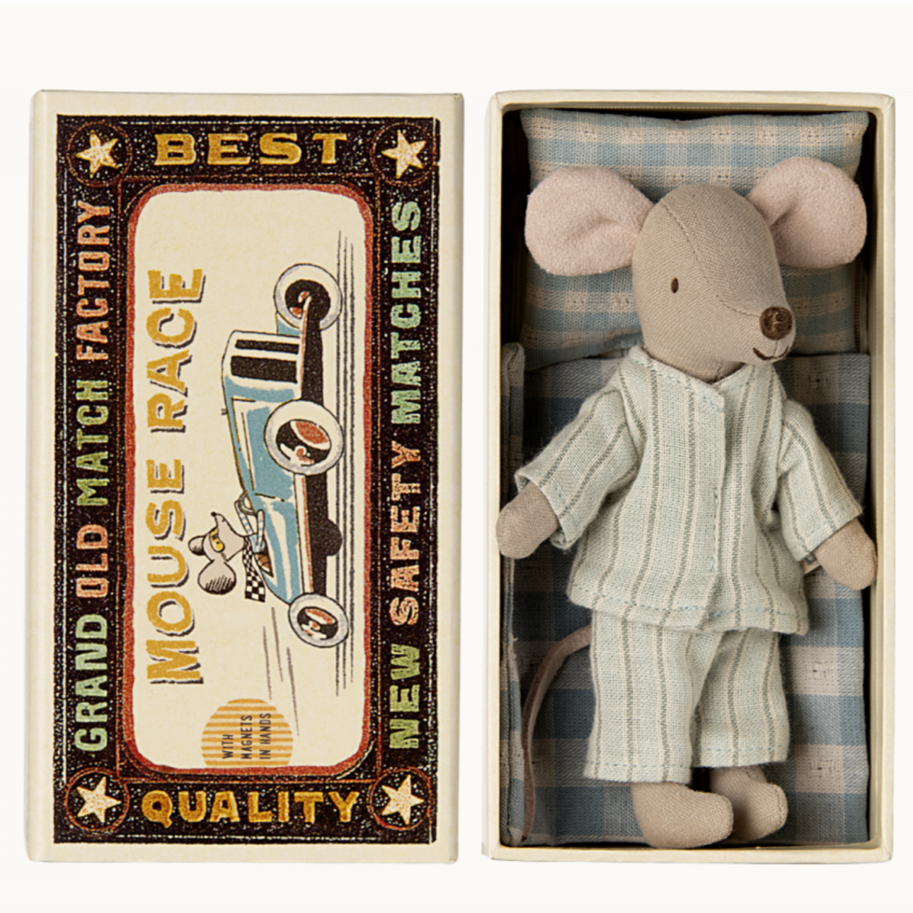 BIG BROTHER MOUSE IN MATCHBOX - MINT STRIPES PJS + MAGNETS IN HANDS - Little-ish