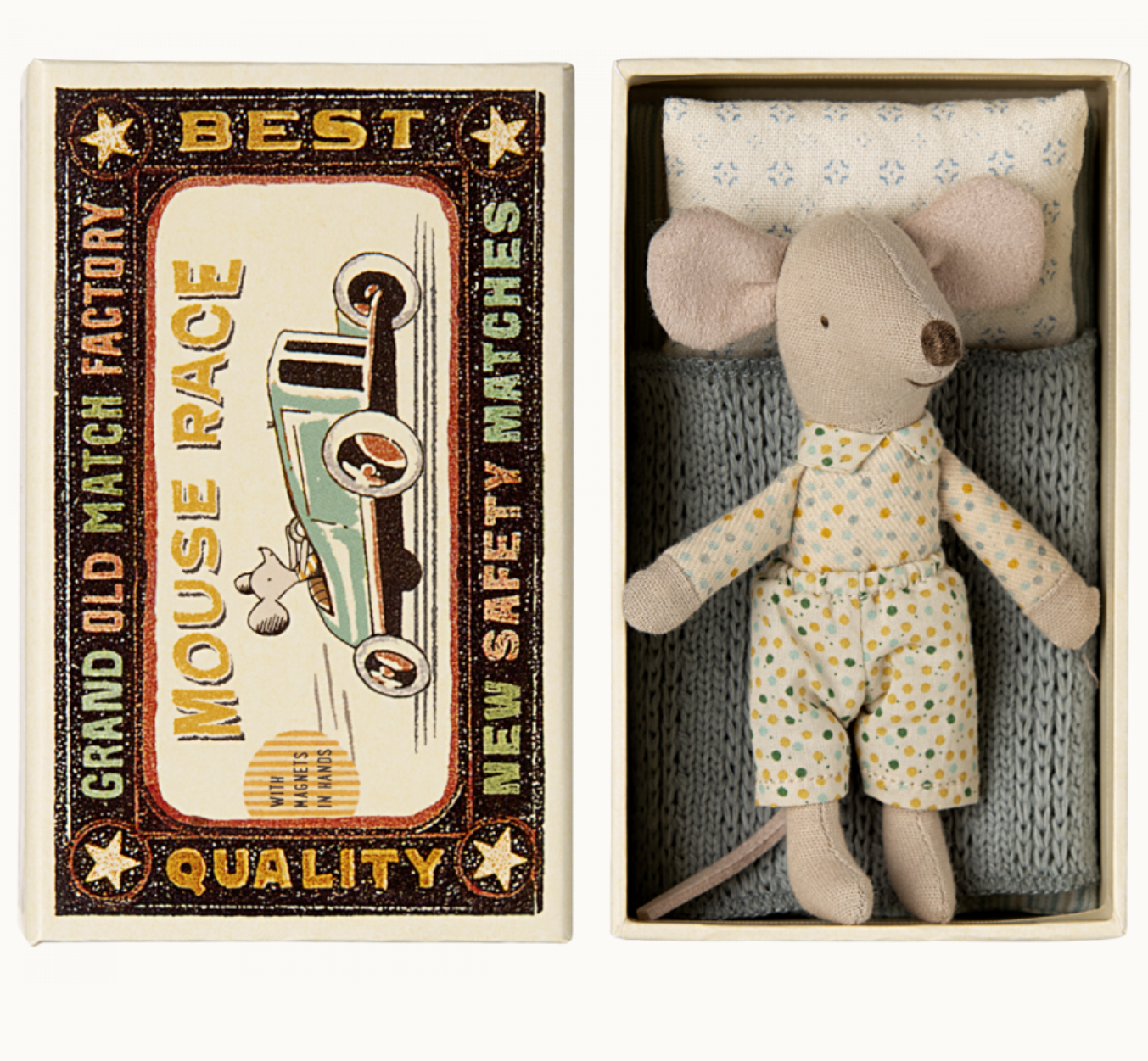 MAILEG LITTLE BROTHER MOUSE IN MATCHBOX -POLKA DOT SHORTS + MAGNETS IN HANDS - Little-ish